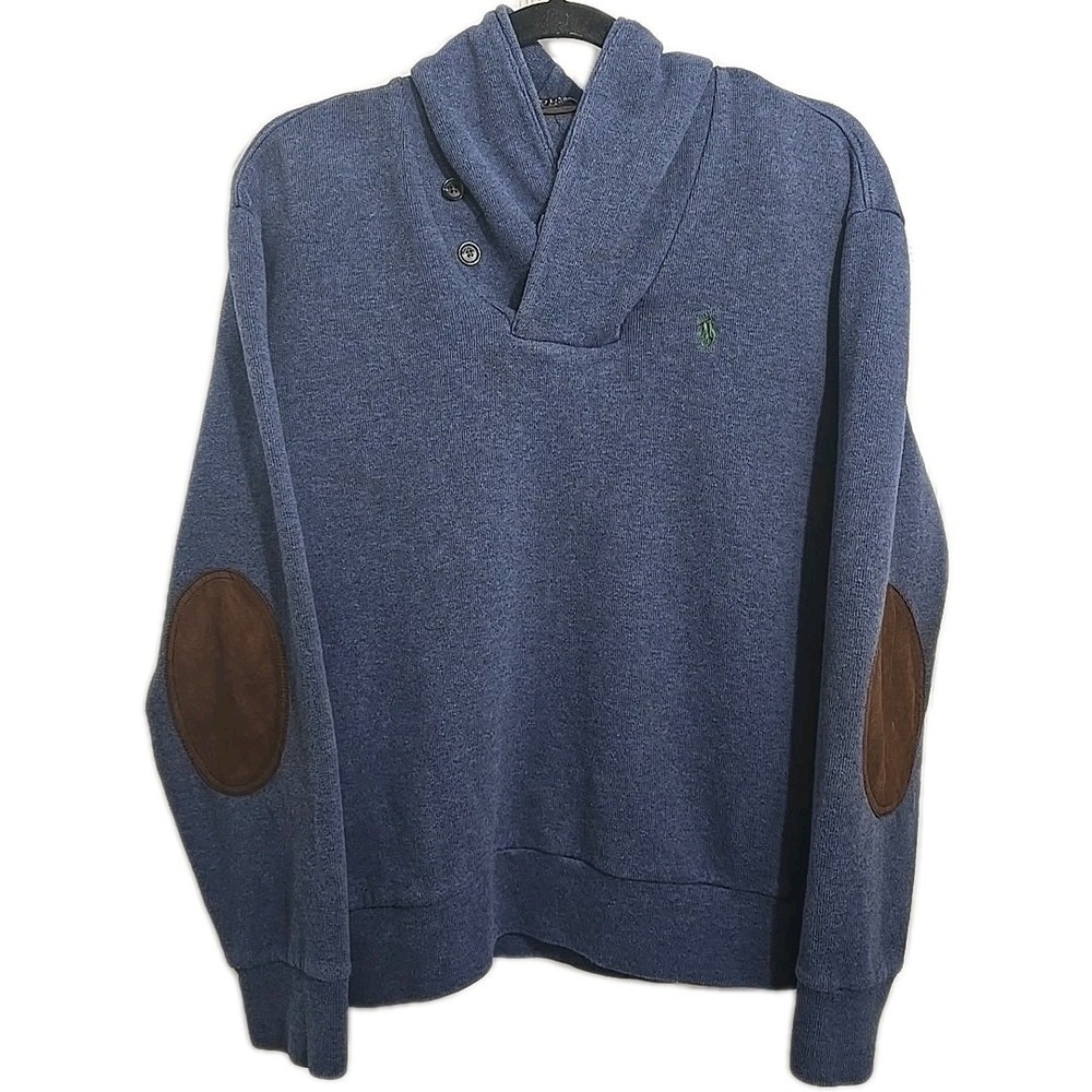 Polo Ralph Lauren‎ Shawl Collar Pullover Sweatshirt Elbow Patches Blue Men's M